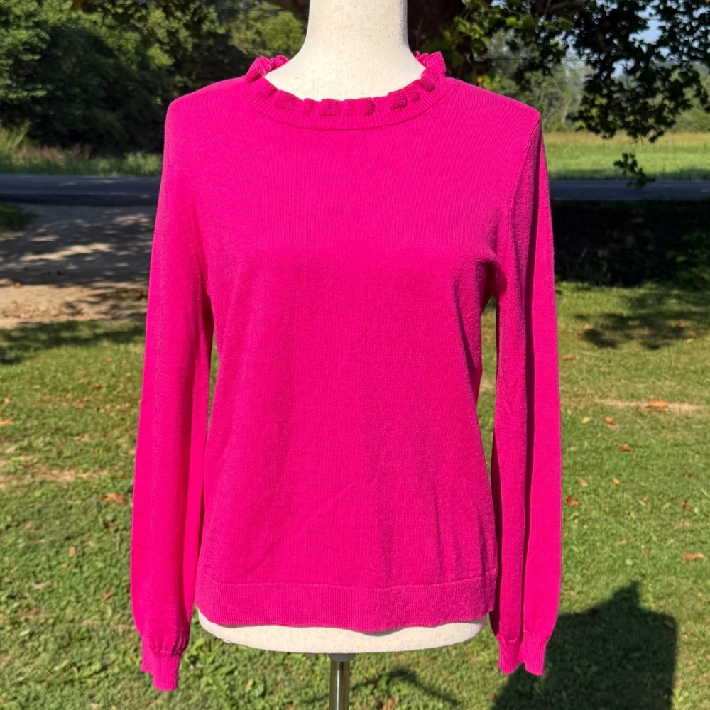 Talbots Petite Magenta Pink Ruffle Neck Cotton Wool Blend Sweater MP Classic Fit